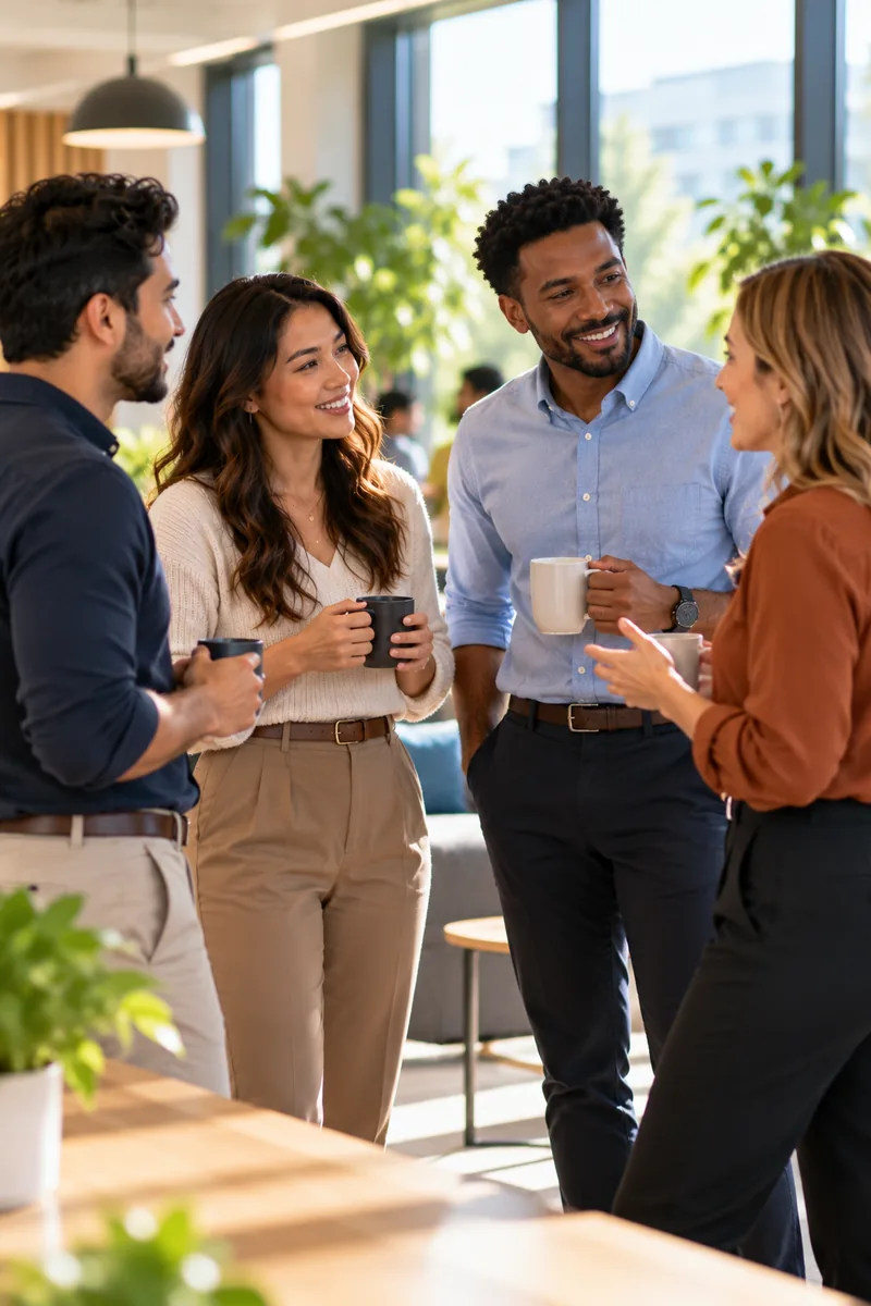 Colleagues talking over coffee in a bright office common area