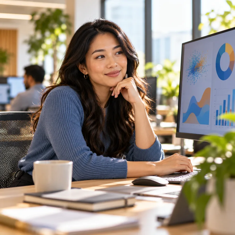 A data specialist at a workstation beside charts on a large monitor