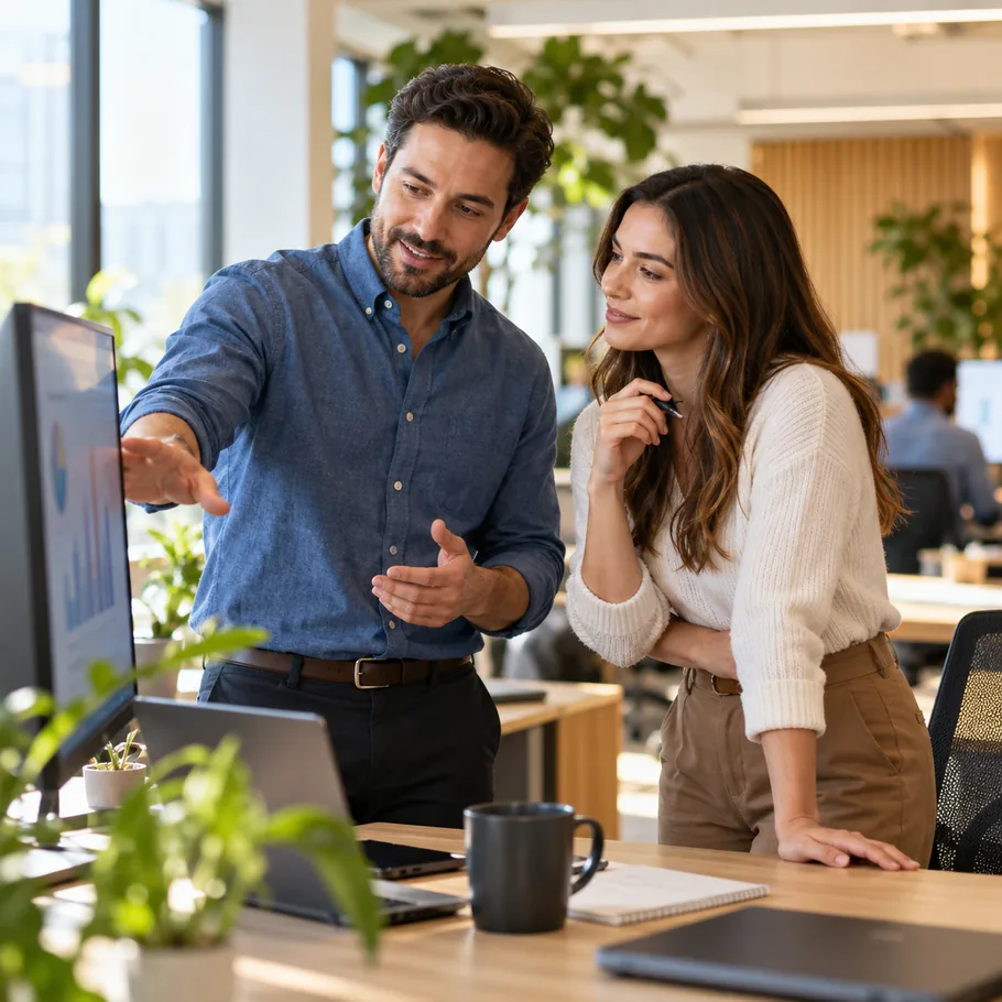 Two colleagues at a desk talking through a dashboard on screen