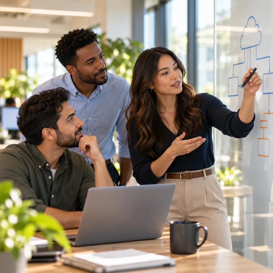 Three colleagues working through a cloud architecture sketch on glass