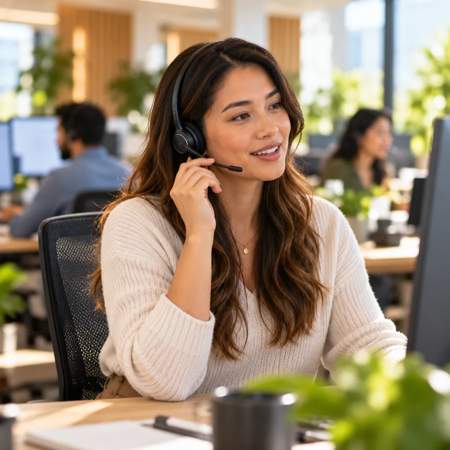A contact centre specialist on a call, wearing a headset