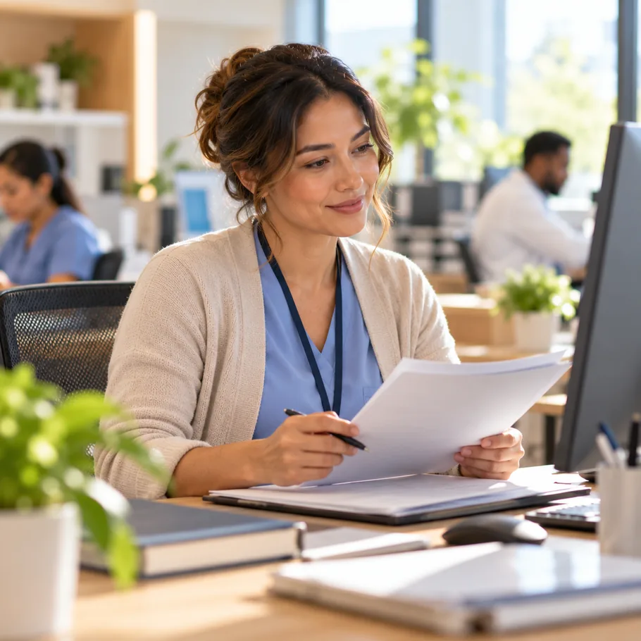 A healthcare administrator reviewing paperwork at a desk