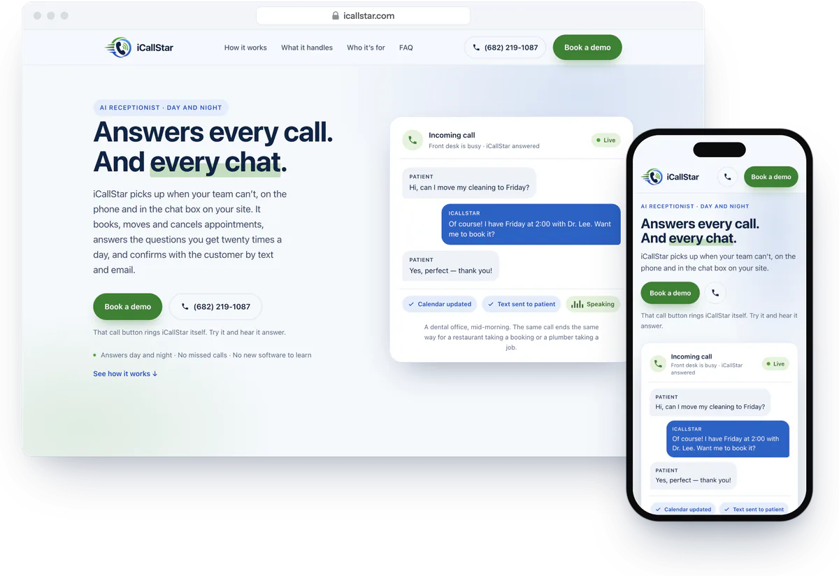 The iCallStar website on a laptop and a phone, showing a call it answered: a patient moves a cleaning to Friday, the calendar updates and a confirmation text goes out