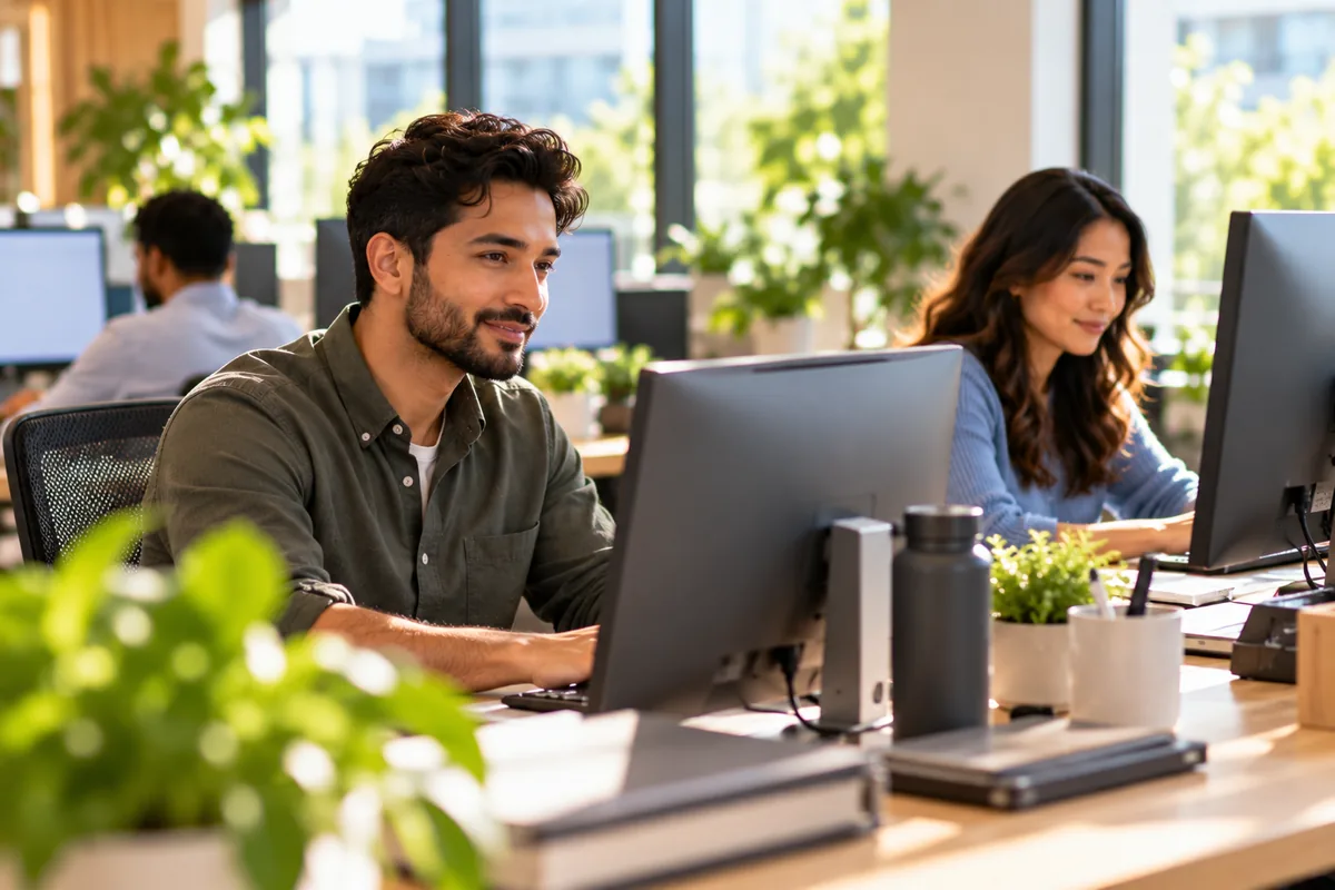 Two developers at adjacent desks in a bright workspace